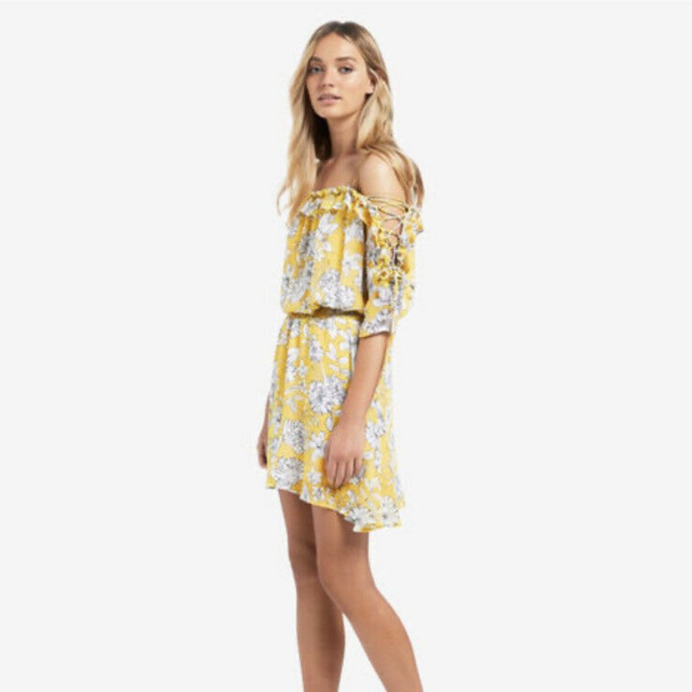 SEED Tie Sleeve Daffodil Yellow Floral Cold Shoulder Mini Dress - Picture 4 of 13